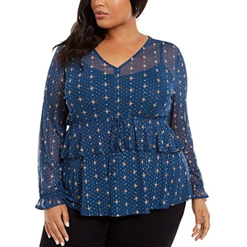 Style&Co Women's Medallion Sheer Ruffled Lined Top, Medallion Kale Plus Size 1X